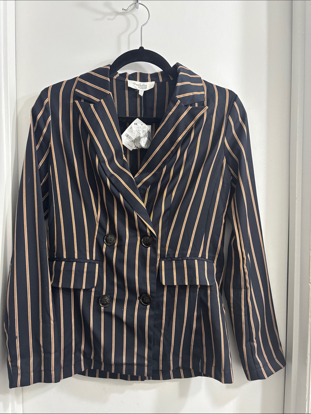 Charlotte Russe Striped Double-Breasted Blazer - Navy with Orange Stripes